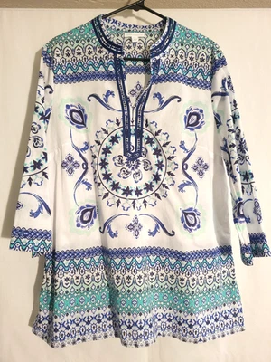Charter Club-Túnica Top Blanco Azul Turquesa Verde Floral Geo Lentejuelas Cuello en V-GRANDE Foto 1 de 4