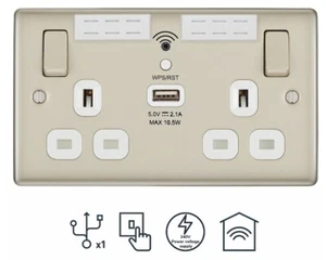 BG Nexus Metal 13A Switched Double WiFi extender socket with USB. Pearl Nickel - Picture 1 of 5