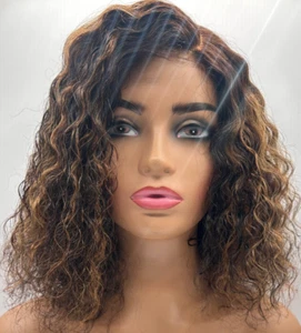 LUVME HAIR 12in Curly Black with Blonde Highlights Glueless HD Lace 180 Density - Picture 1 of 6