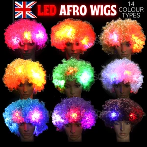 Colorful LED Light Up Afro's Curly Clown Wig Cosplay Flashing Glow 14 Colours UK - Picture 1 of 17