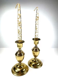 Vtg Pair Lucite Taper Candle Sticks Clear Gold Fleck Set 2 MCM 8” Brass Holders - Picture 1 of 10