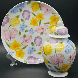 Vintage White Floral Ginger Jar & Plate Purple Pink Yellow Tulip Lily Flowers - Picture 1 of 8