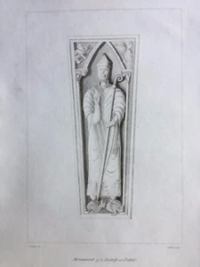 1822 Antique Print; Bishop Effigy, Exeter Cathedral, Devon by R. Stothard - Picture 1 of 2