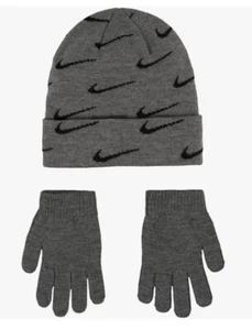 NWT Big Boy's Nike Swoosh Repeat Allover Print Beanie and Gloves Set Gray/Black - Picture 1 of 6