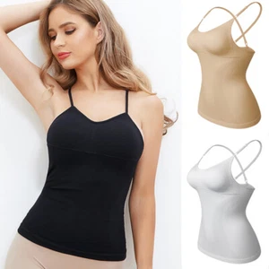 Women Camisole Slimming Body Shaper Vest Shirt Cotton Cami Tank Top Built-in Bra - Picture 1 of 22