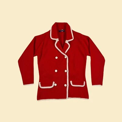 1970s S cardigan sweater, vintage red & white double breasted knit jacket - Image 1 of 4
