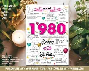 1980 45th Birthday Personalised Him Her UK  Birth Year Facts Greeting Card  146 - Picture 1 of 5