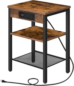 End Table with Charging Station and USB Ports, 3-Tier Nightstand with Adjustable - Picture 1 of 9