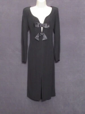 Vestido Formal Vintage Carven Boutique Paris Negro Profundo V Satinado Lazos Manga Larga L Foto 1 de 4