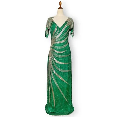 Vestido Vintage Verde Cuentas Grande Vegas Plateado Ráfaga Lateral Hollywood Glam Silk Foto 1 de 4