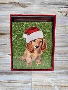 NEU Papyrus Welpe mit Nikolausmütze Glitzer Hintergrund Weihnachtskarten - Bild 1 von 2