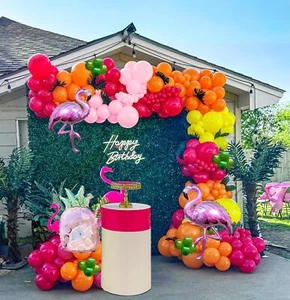 Tropical Hot Pink and orange flamingo Balloons garland arch kit 130pcs with p... - Picture 1 of 7
