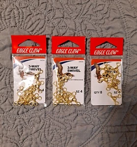 Lot of 3 Packages Eagle Claw 3-Way Swivels Size 4 Brass 3WS4 24 Total Swivels - Picture 1 of 2