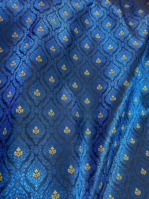 Royal Blue Gold Thai Silk Damask Fabric BTY WEDDING DRESS SKIRTS DECORATE - Image 1 of 4