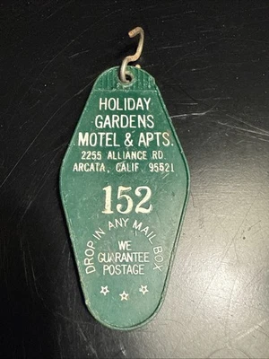 Llavero vintage para habitación de motel Holiday Gardens Arcata California Foto 1 de 4