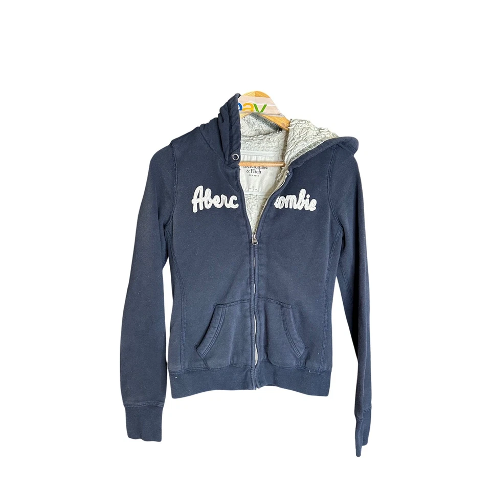 Abercrombie Fitch Navy Sherpa Lined Zip Up Hoodie Sweatshirt Size S - Image 1 of 4