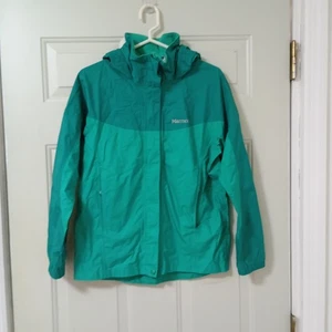 Marmot Jacke Damen grün wasserdicht Windbreaker Kapuze durchgehender Reißverschluss Größe Large - Bild 1 von 20