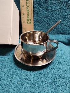 Pair of Coffee Cups - Stainless Steel Double Walled Mug with saucer/spoon - Picture 1 of 7