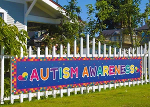 Autism Awareness Fence Banner Love Needs No Words April Decoration Puzzle Piece - Picture 1 of 12