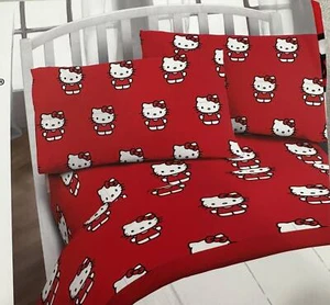 Hello Kitty Twin Size Sheet Set 3 Pieces "Classic Girl In Red" Red Kids Set - Picture 1 of 3