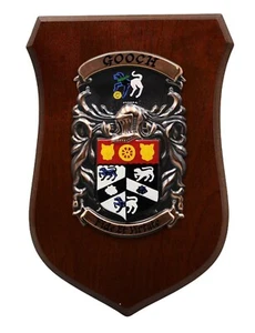 Stemma Famiglia "Gooch" Stemma Scudo Noce Targa Bronzo Dipinto a Mano - Foto 1 di 3