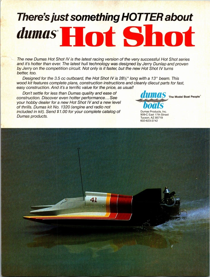Dumas Hotshot IV RC Boat Print Ad Ephemera Wall Art Decor Projetado por Dunlap - Imagem 1 de 1