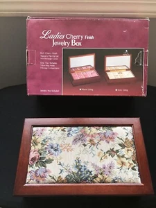 New Boxed Ladies Jewerly Box Cherry Finish Ivory Lining Fabric Top #7191 - Picture 1 of 7