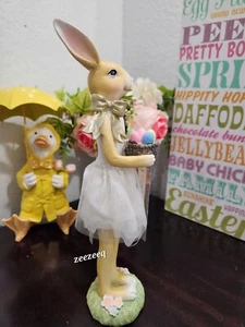 Easter Jolie Fleur Girl Bunny Rabbit Holding Basket Eggs Tulle Skirt Figurine - Picture 1 of 5