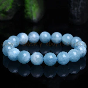 Natural 10mm Blue Aquamarine Round Gemstone Beads Elastic Bracelet 7.5'' AA - Picture 1 of 3