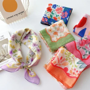 Ladies Cotton Linen Neckerchief Small Square Scarf Floral Print Headscarf Shawl - Picture 1 of 40