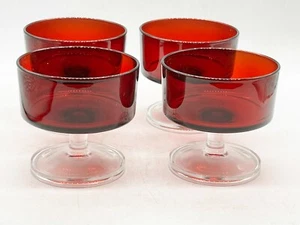 tg LUMINARC Ruby Red Glass CLEAR STEM Dessert Fruit Footed Cups Dishes Set of 4 - Picture 1 of 7