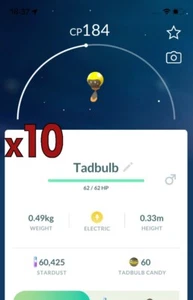 ¡Paquete de 10 Pokémon Tadbulb!! ¡Buena oportunidad de suerte y buenos IV!! Go - Imagen 1 de 1