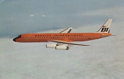BRANIFF INTERNATIONAL DOUGLAS DC-8-62 AIRCRAFT POSTCARD AIRLINE AIRPLANE ORANGE - Image 1 of 2