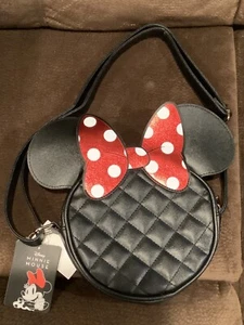 Disney Minnie Mouse Quilted Crossbody Bow Bag 7” Purse Black With Polka Dot Bow - Picture 1 of 10