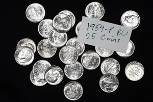 1954-P Gem BU Uncirculated Roosevelt Silver Dime HALF ROLL OF 25 COINS - Picture 1 of 3