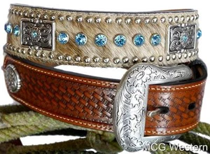 Nocona Western Mens Belt Leather Rhinestones Calf Hair Conchos Studded N2442148 - Picture 1 of 1