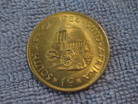 1964 South Africa coin 1 cent Coverd Wagon unc beauty nice large coin ebayship Cover