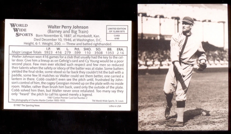 1987 Conlon WALTER JOHNSON Washington Senators Hall of Fame Sporting News Card - Image 1 of 1