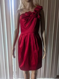 Bisou Bisou Red Satin One Shoulder Rosette Jewel Cocktail Dress Size 8 Dance EUC - Picture 1 of 8