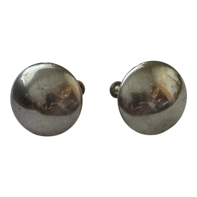 Vintage Silver Tone Dome Button Clip On Earrings Screw Back - Image 1 of 2
