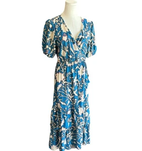 Knox Rose S Boho Tiered Floral Puff Sleeve Casual Party Midi Wrap Dress Pocket - Picture 1 of 7