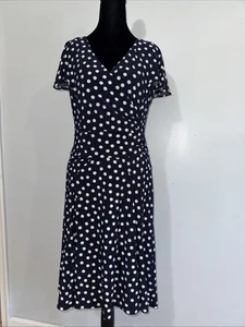 Lauren Ralph Lauren Dress Sz 10 Navy & White Polka Dot Jersey Faux Wrap Nautical - Picture 1 of 9