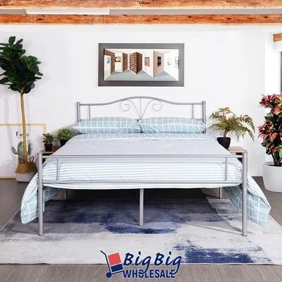 GENIQUA Queen Size Metal Bed Frame Mattress Foundation Steel Platform Headboard Home