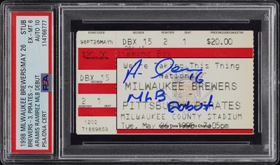 1998 Aramis Ramirez Signed MLB Debut Ticket 5/26/98 Brewers Pirate PSA 6 Auto 10 - Image 1 of 2