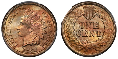 1863 1c PCGS MS 64 ~ CENTAVO INDIO CASI GEMA EN SOPORTE ANTIGUO Foto 1 de 4