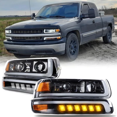 Для Chevy Silverado 1500/2500 HD 01-02 светодиодные прожекторные фары + бамперные лампы - Изображение 1 из 4
