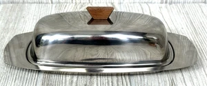 VTG Kingsford Stainless Lidded Butter Keeper-Dish Wood Handle Glass Insert MCM - Picture 1 of 13