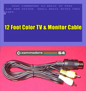 12Ft Color AV TV & Monitor Composite Cable for Commodore 64C & C128 Computer NEW - Picture 1 of 11
