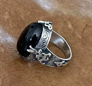 VINTAGE CHINESE STERLING SILVER 925 CABOCHON OVAL BLACK ONYX BAND RING SIZE 6 - Picture 1 of 15
