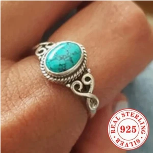 Anillo bohemio vintage de plata de ley con piedra sintética turquesa bohemio - Imagen 1 de 5